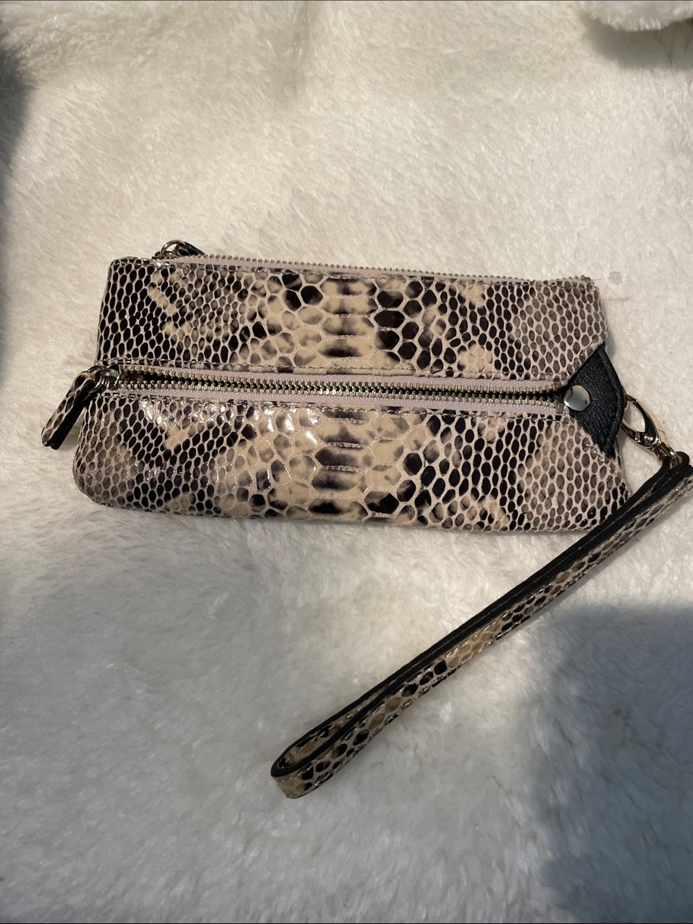 Snake-Print Danier Leather Wristlet Clutch in Neutral Tones